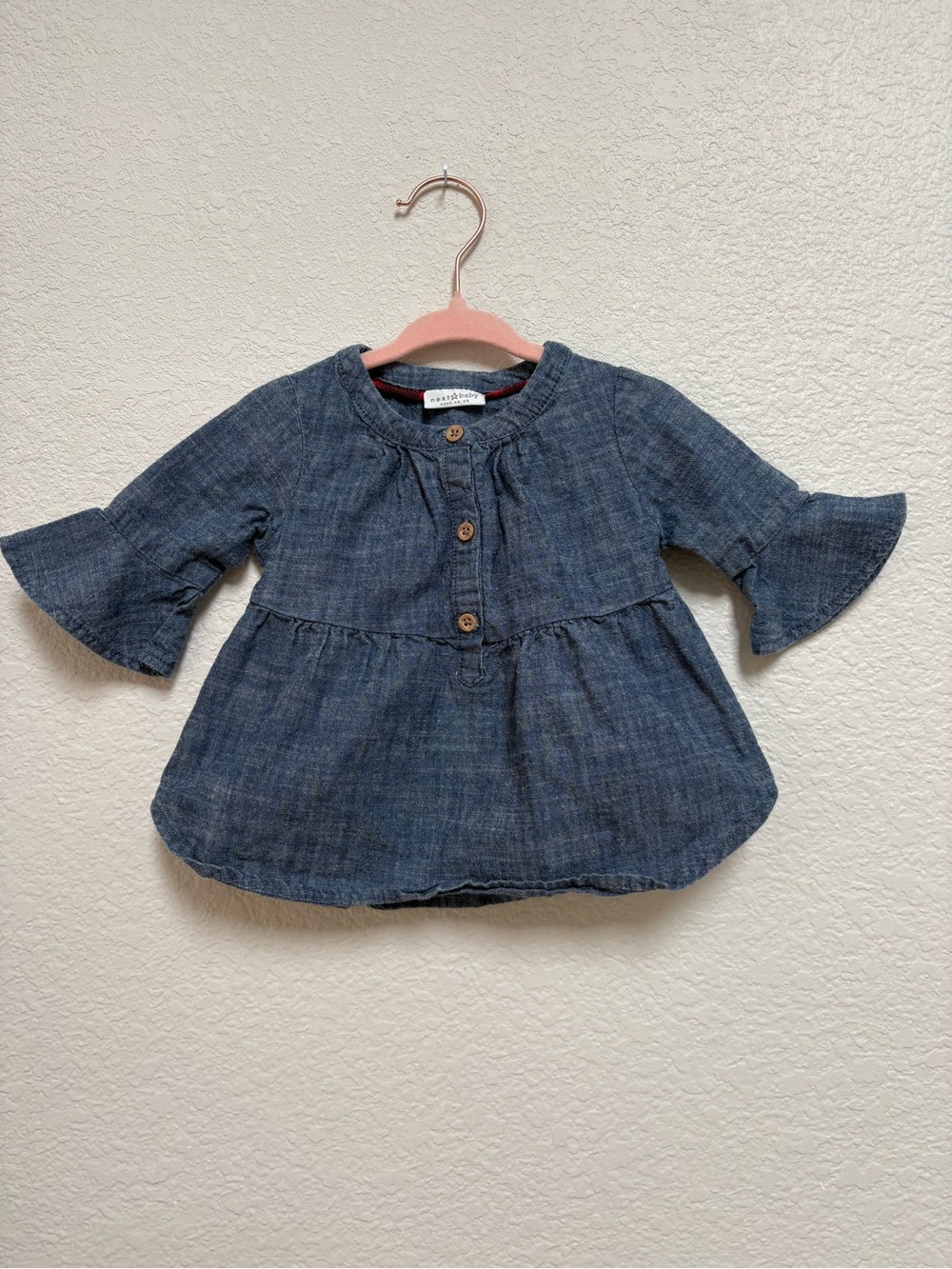 Next Baby UK Baby Girl Chambray Denim-Style Peplum Top w/ Bell Sleeves
